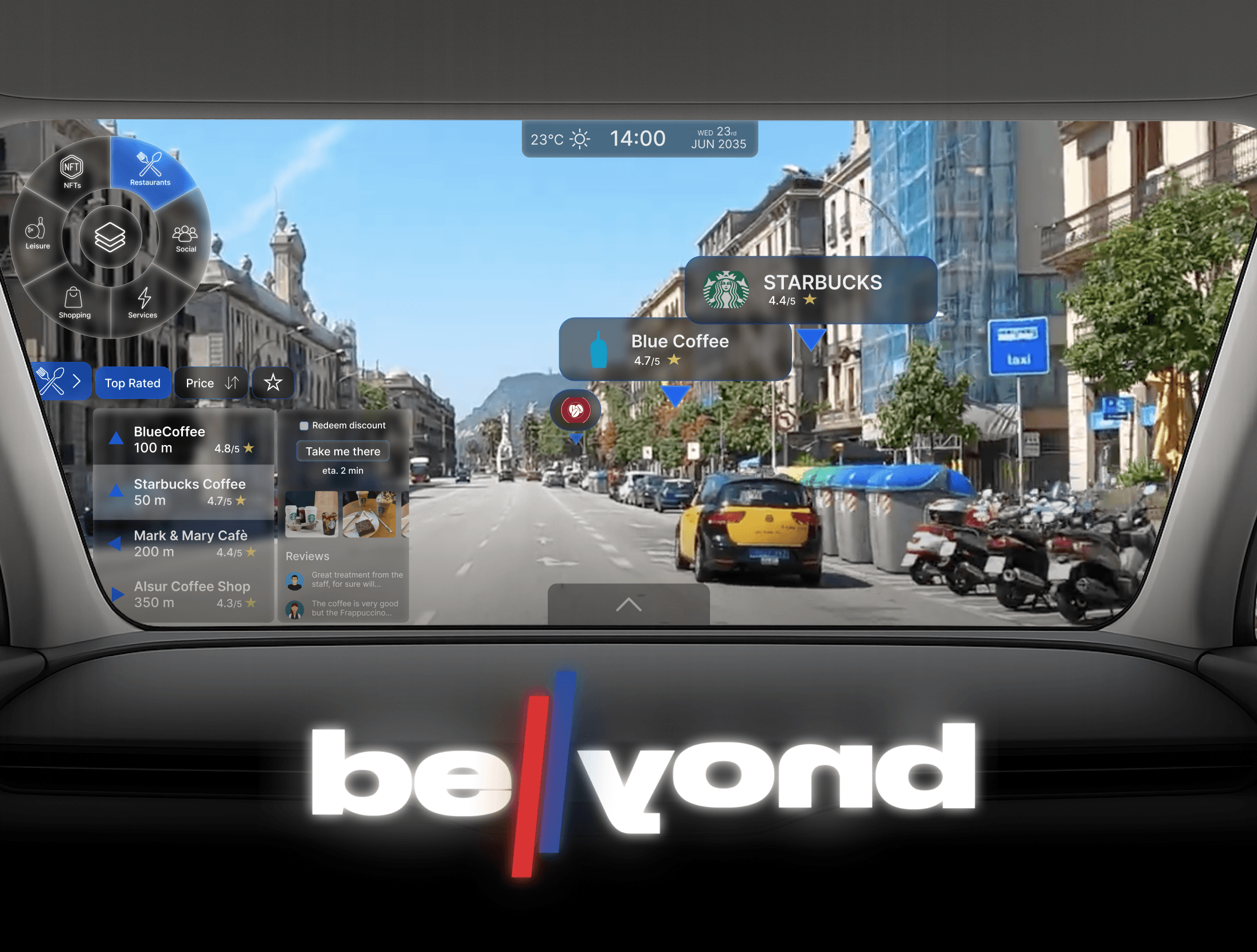 In-car augmented reality windshield display overlaying points of interest (Starbucks, Blue Coffee) and a navigation panel onto a city street view, with the 'Beyond' logo below the dashboard