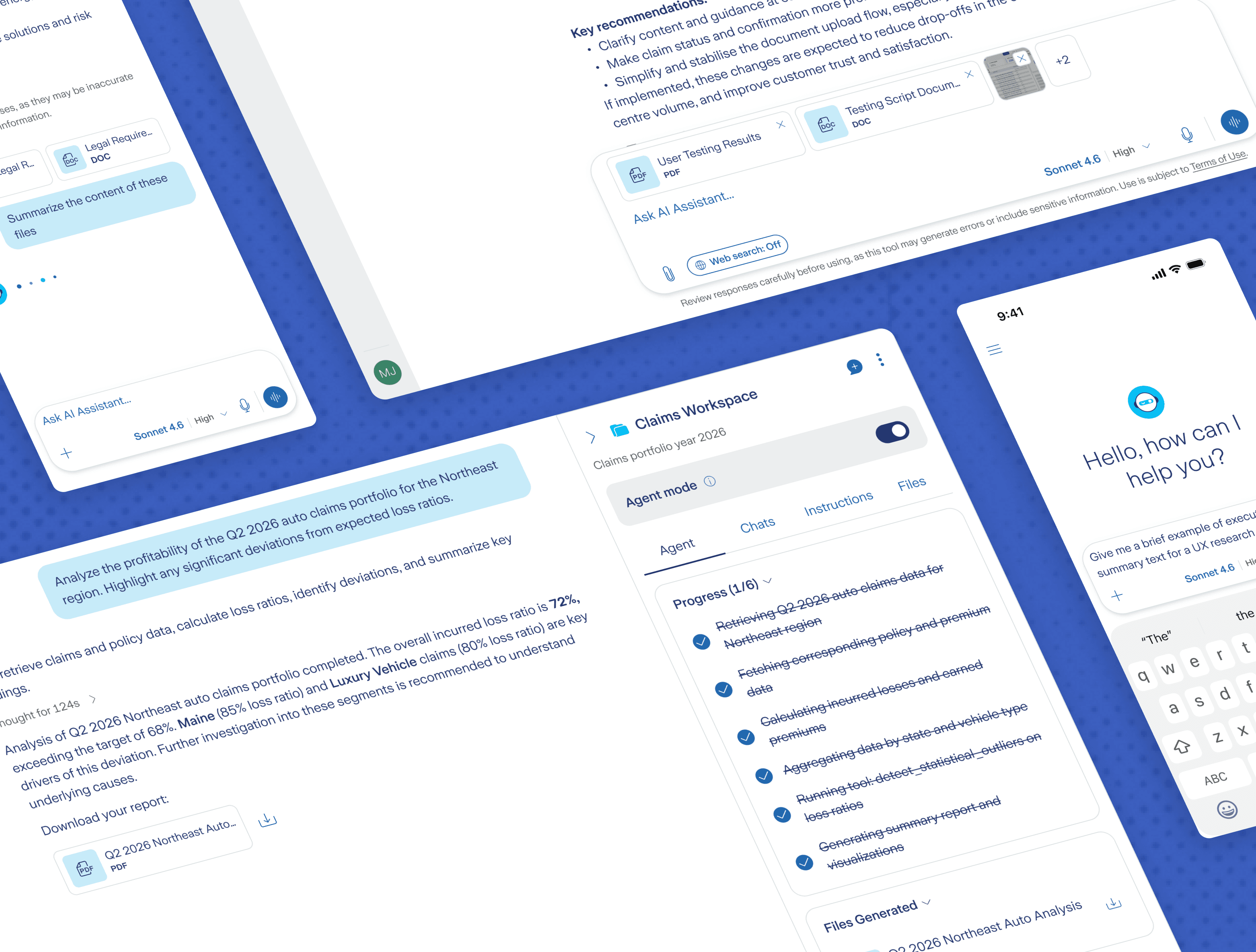 Tilted screenshot of the redesigned Gen AI Assistant UI showing a claims workspace conversation with a generated report, alongside the mobile app's welcome screen