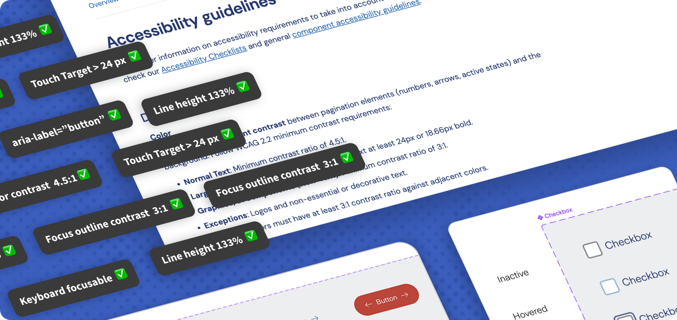 Zoomed-in view of the design system's Accessibility guidelines documentation page, showing dark tooltip callouts for touch target size, line height, focus outline and color contrast requirements over a textured blue background