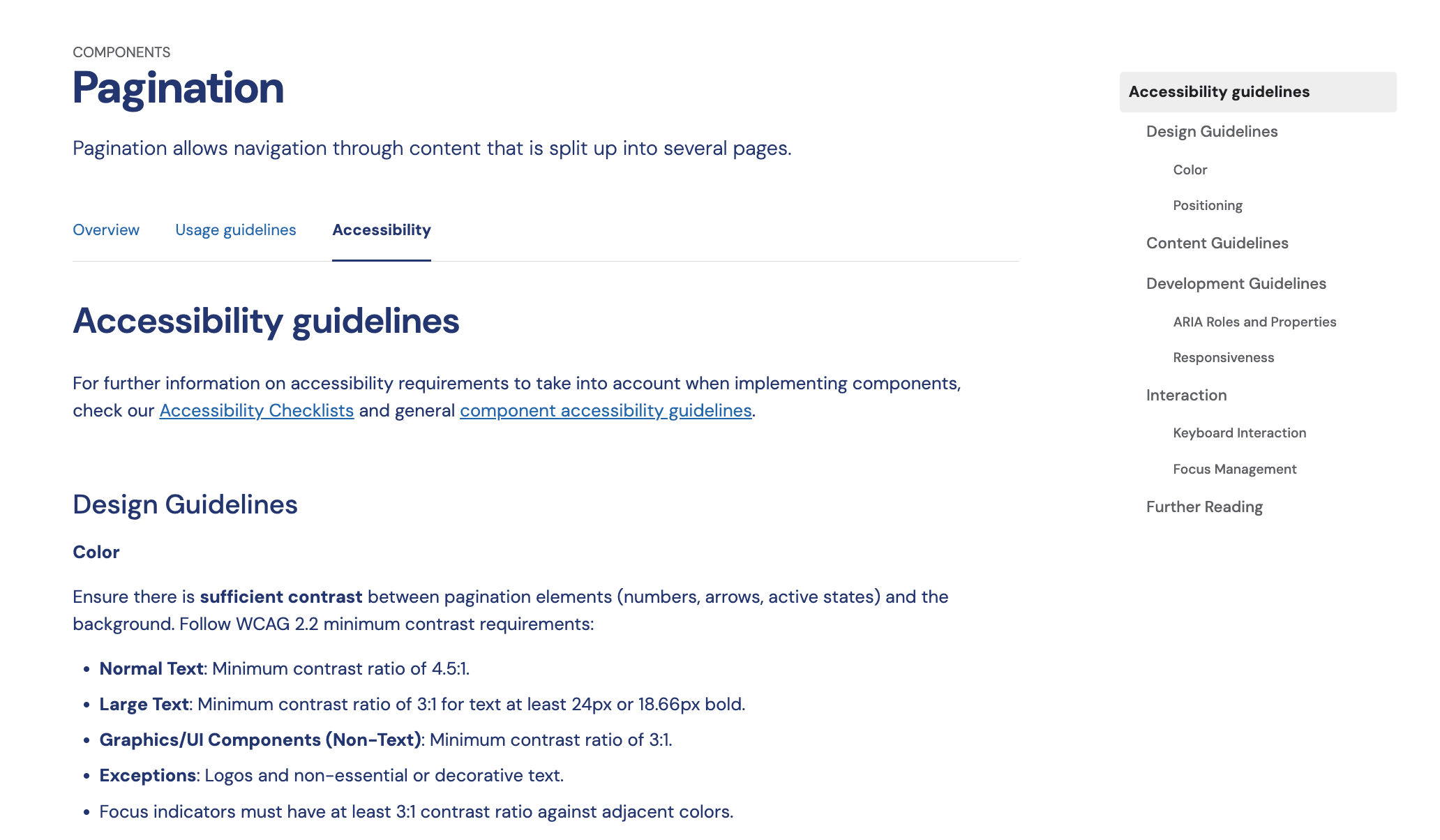 Screenshot of a component's documentation page showing its dedicated Accessibility guidelines tab