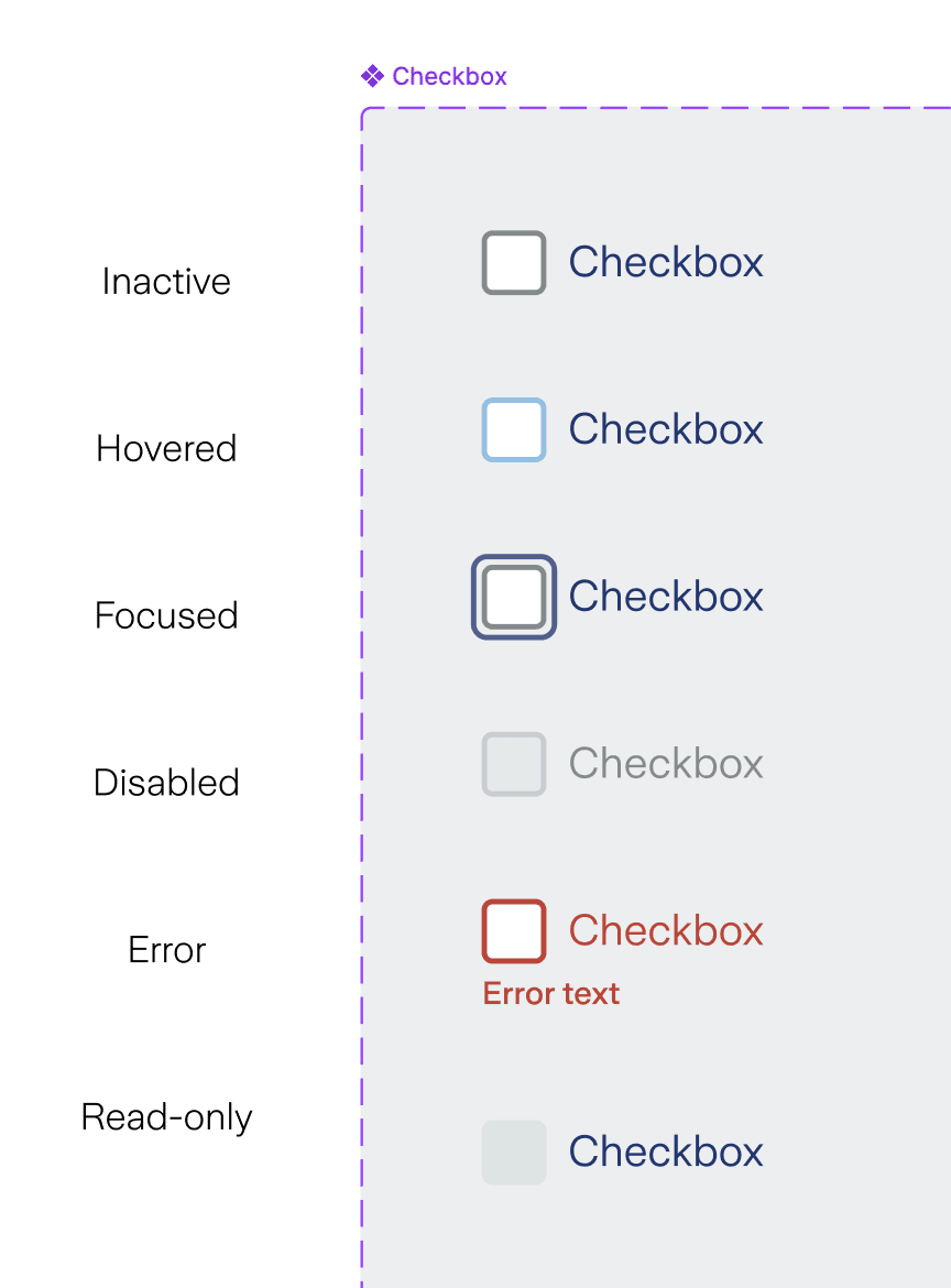 Screenshot of checkbox component states with a defined focus ring