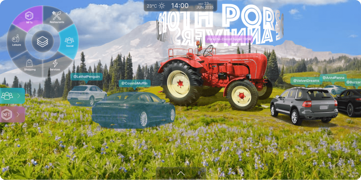 AR windshield view showing an immersive festival-style event overlay for the Entertainment & Social Layers feature