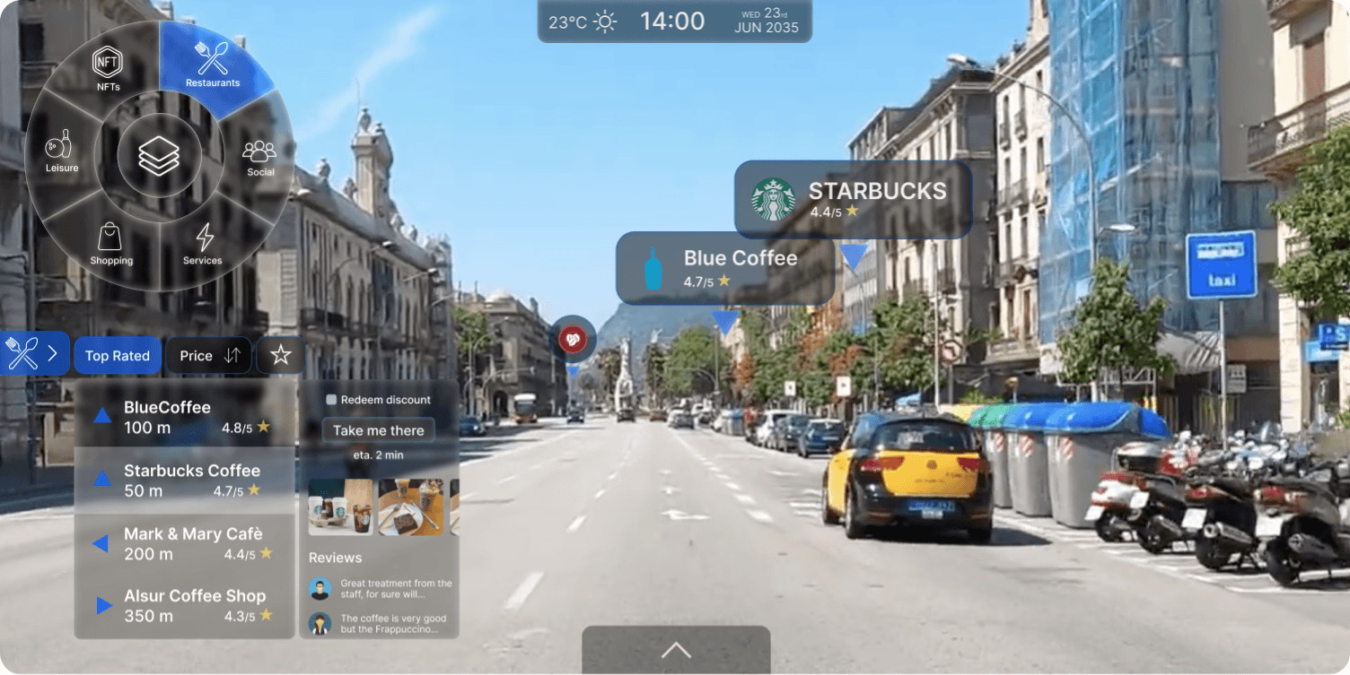 AR windshield view showing Functional Layers โ restaurant and point-of-interest markers with a navigation panel over a city street