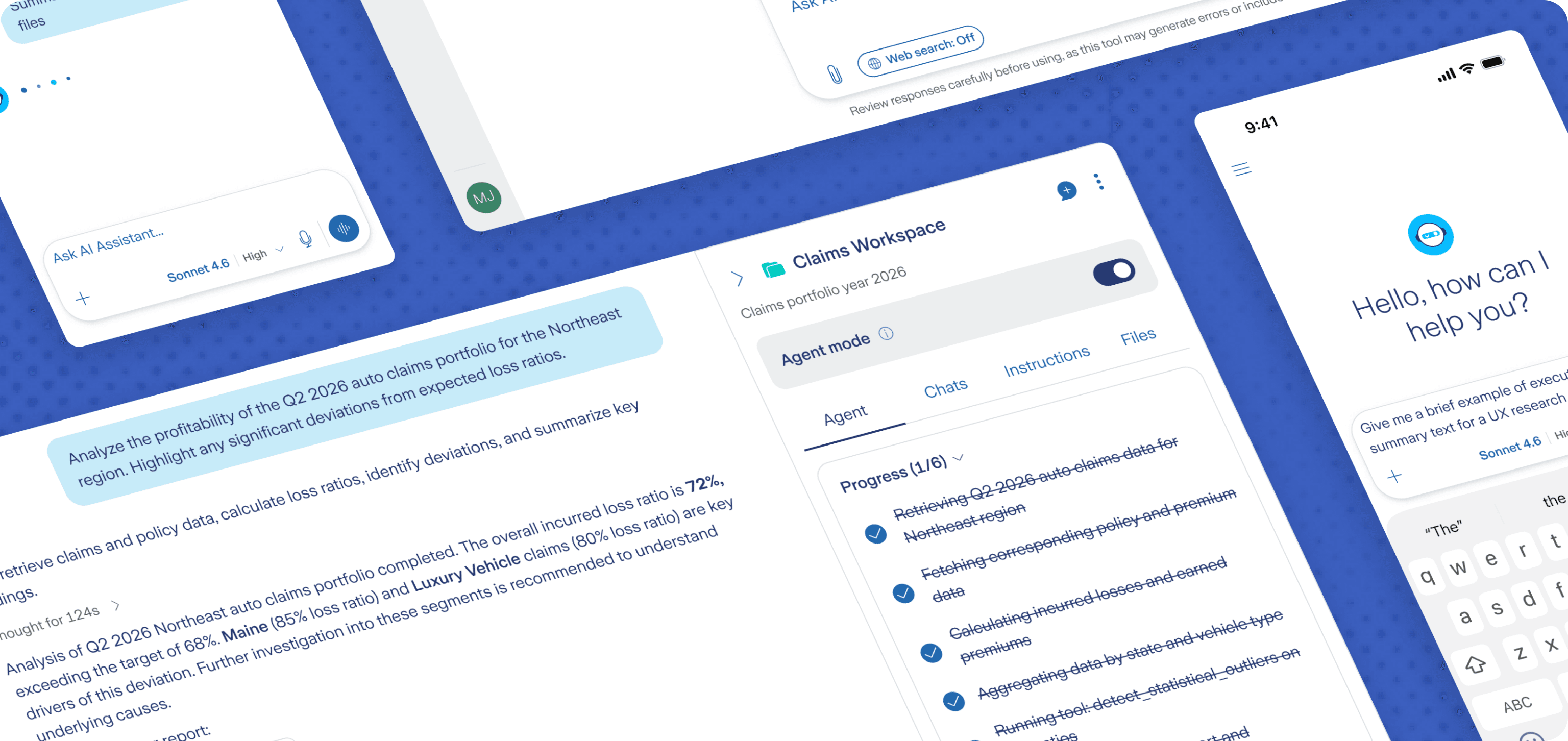 Zoomed-in view of the redesigned Gen AI Assistant UI showing the Claims Workspace panel with progress tracking, alongside the mobile app's welcome screen