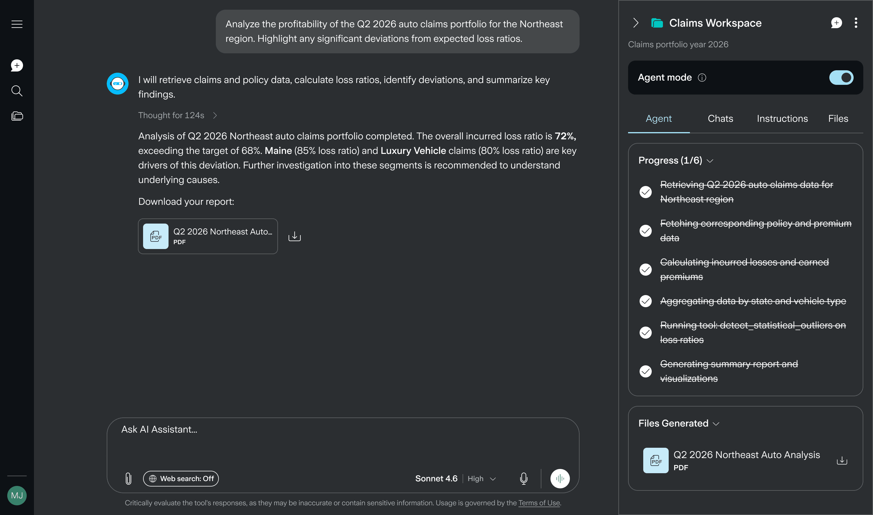 Redesigned AI Assistant UI in dark mode, showing a claims workspace conversation with progress steps and a downloadable report