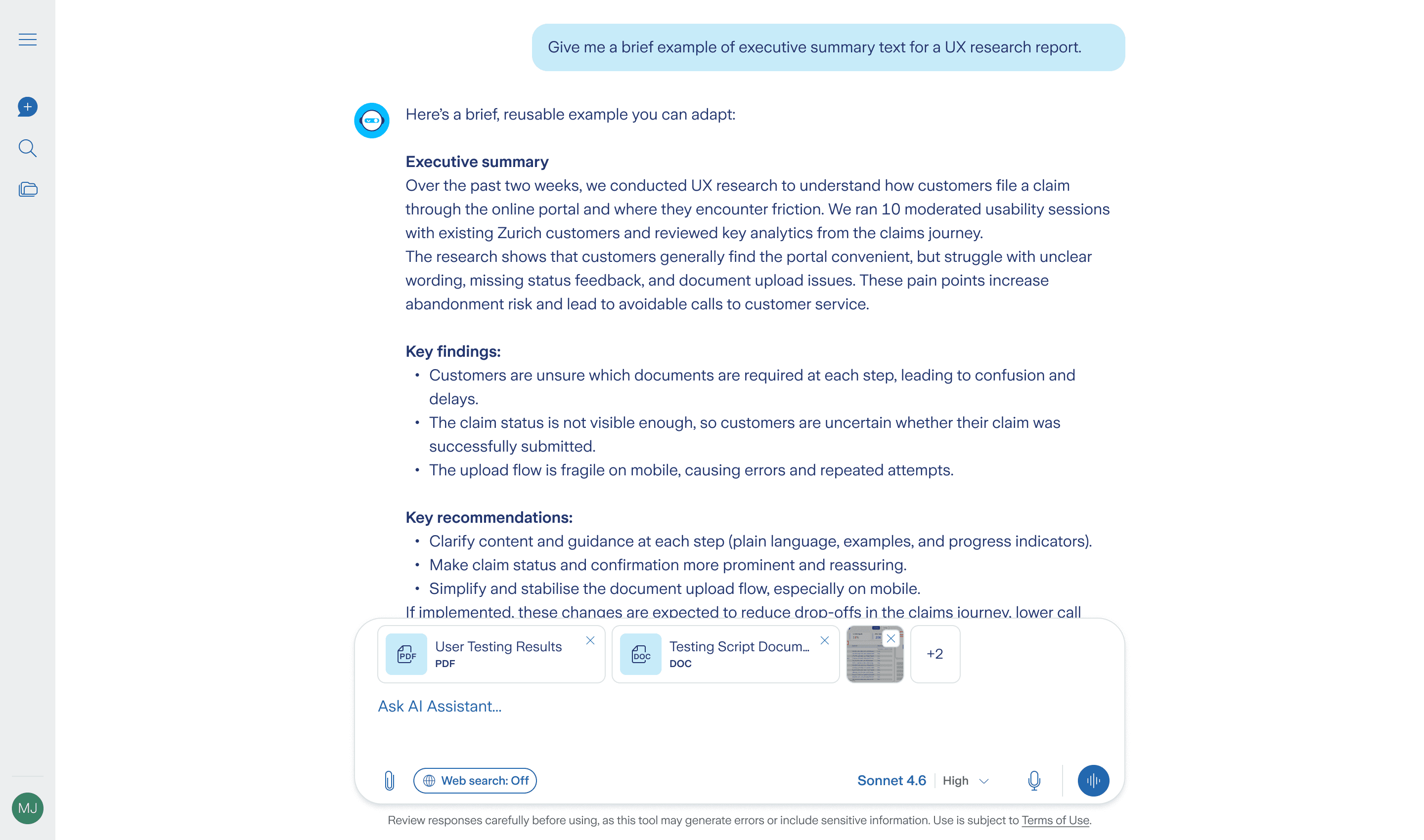 Redesigned AI Assistant UI in Focus mode, showing an executive summary response with minimal surrounding chrome