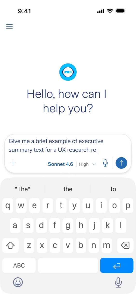 Mobile AI Assistant UI: chat message input with keyboard open