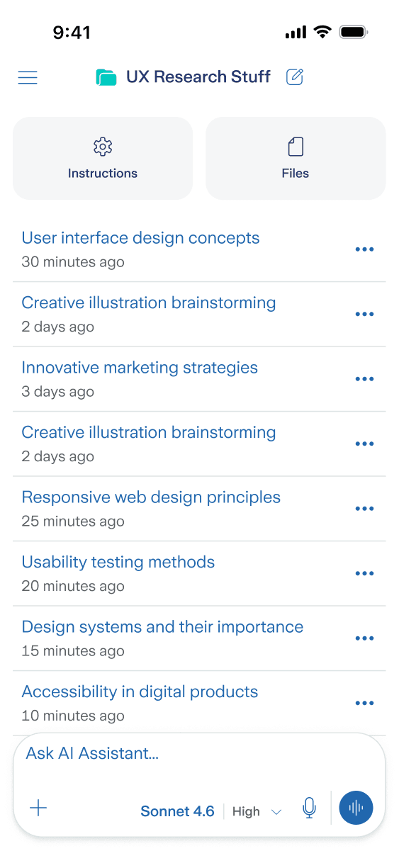Mobile AI Assistant UI: workspace overview with recent chats list