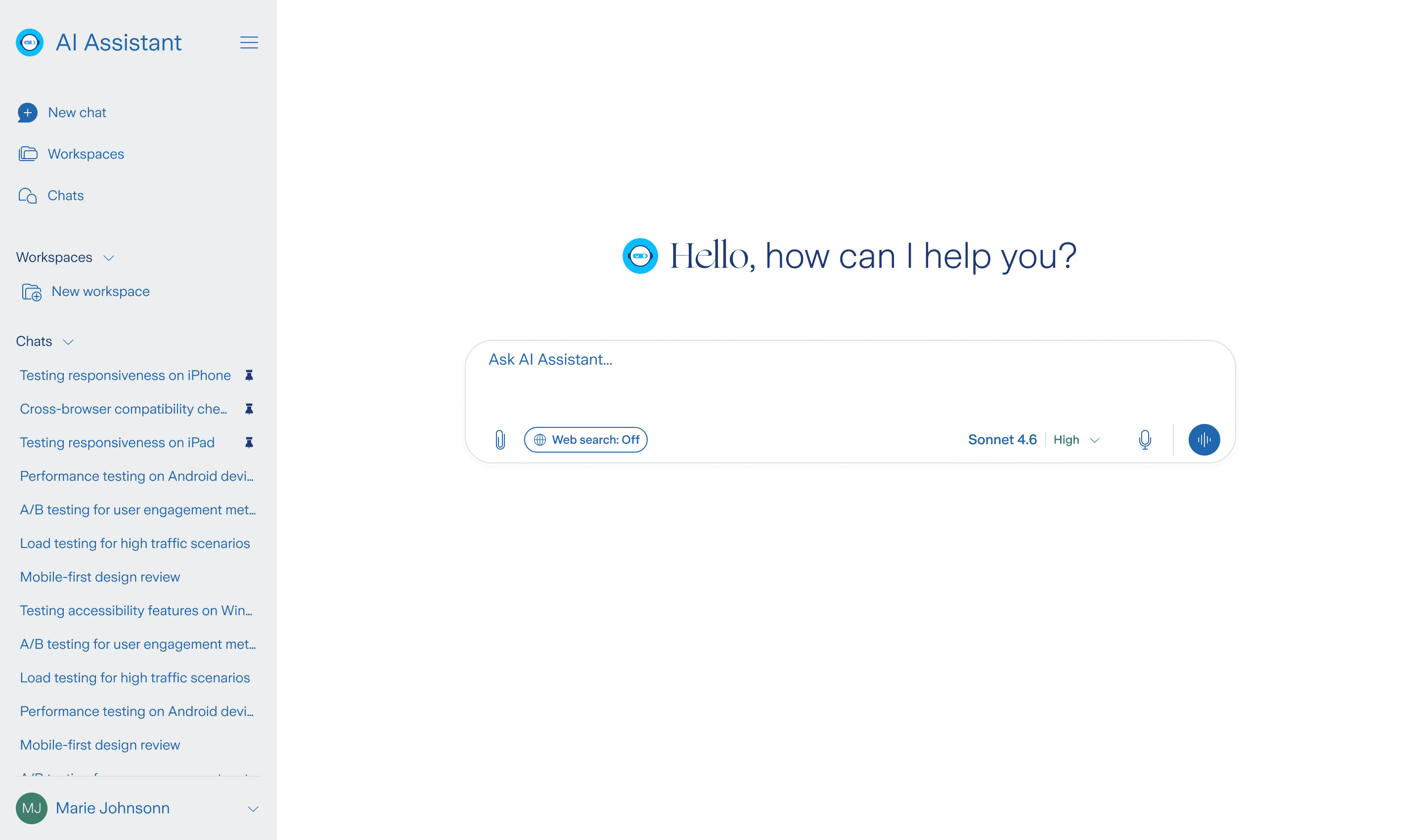 Redesigned AI Assistant desktop UI showing a claims workspace conversation with progress steps and a downloadable report