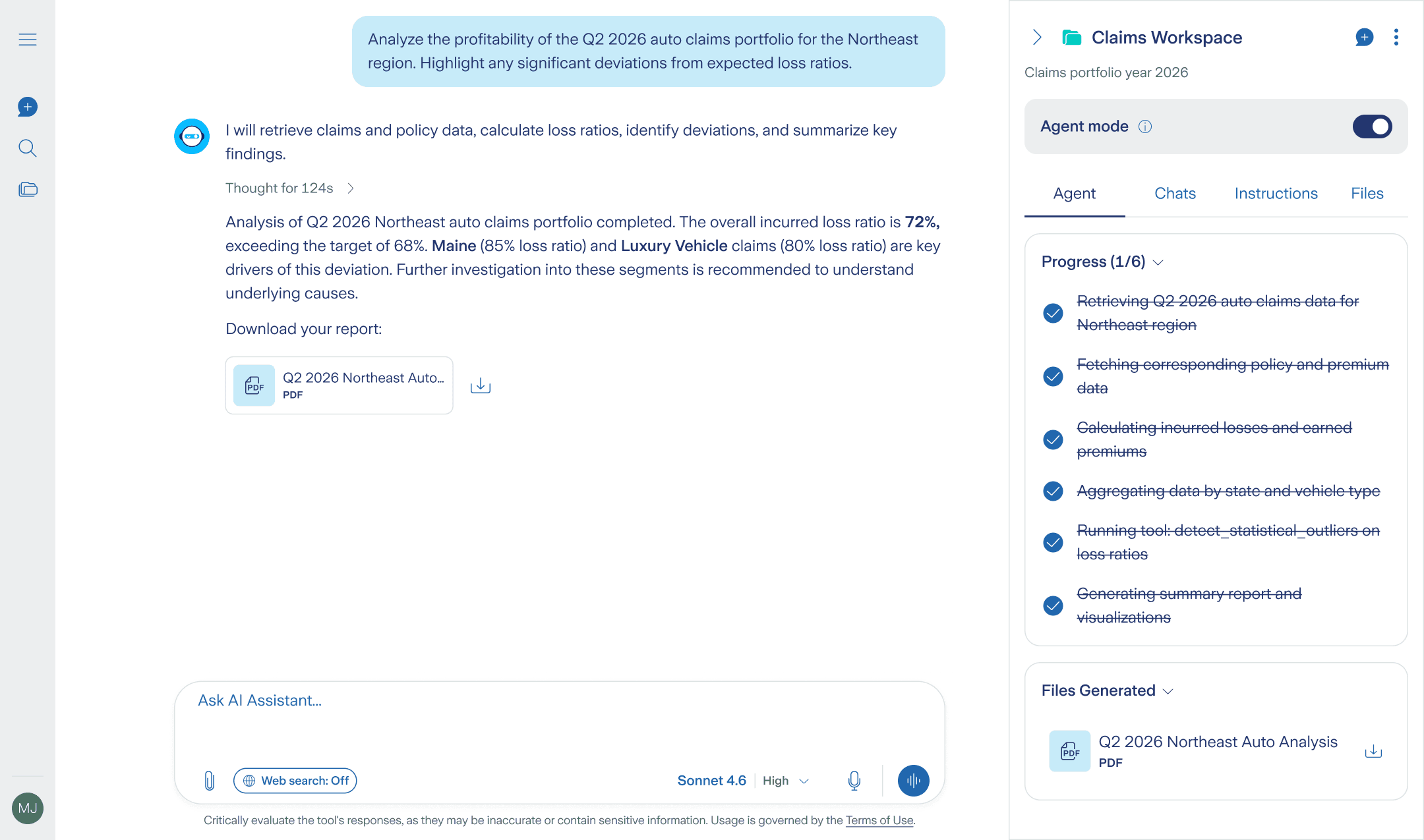 Redesigned AI Assistant UI showing a Claims Workspace panel with Agent mode, progress tracking and generated files